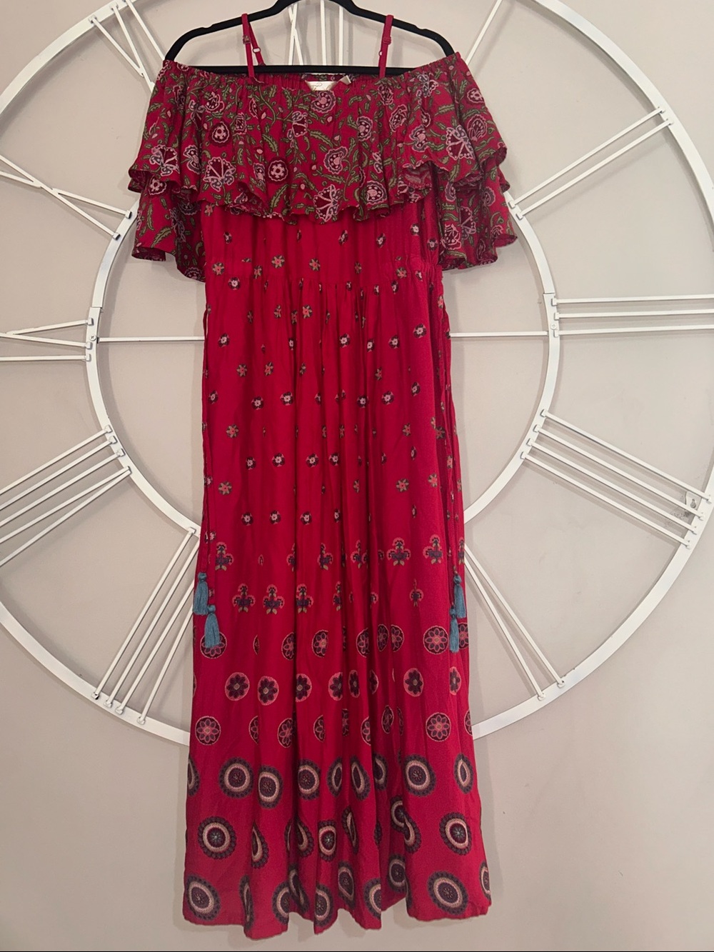 Tavisha Red Boho Off-Shoulder Maxi Dress with Paisley & Medallion Print